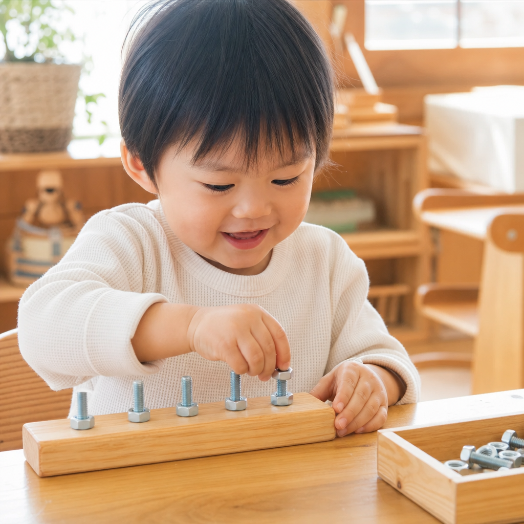 【2歳頃〜】「クルクル、カチッ！」本物のボルトとナットで指先の職人技を磨こう