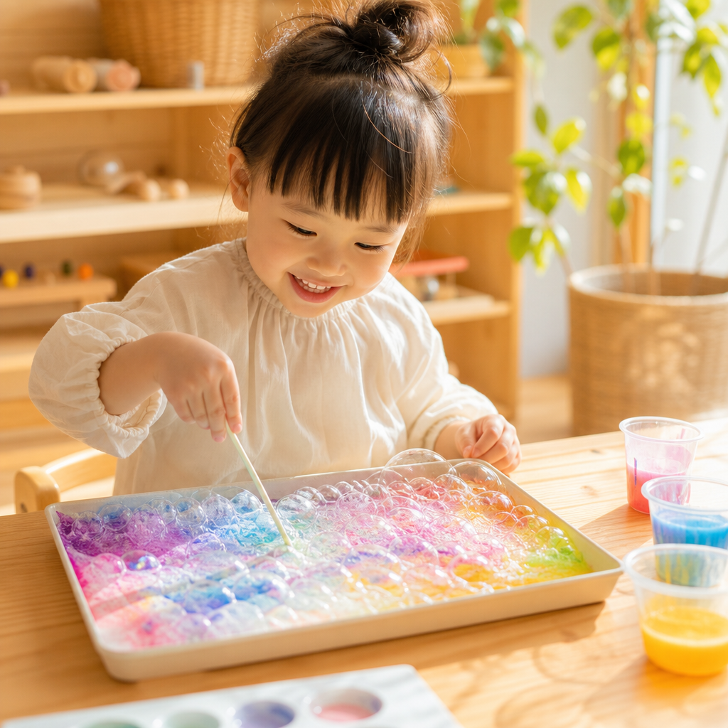 【2歳頃〜】「ふわふわ、キラキラ！」泡と絵の具で五感を刺激！「泡アート」DIY