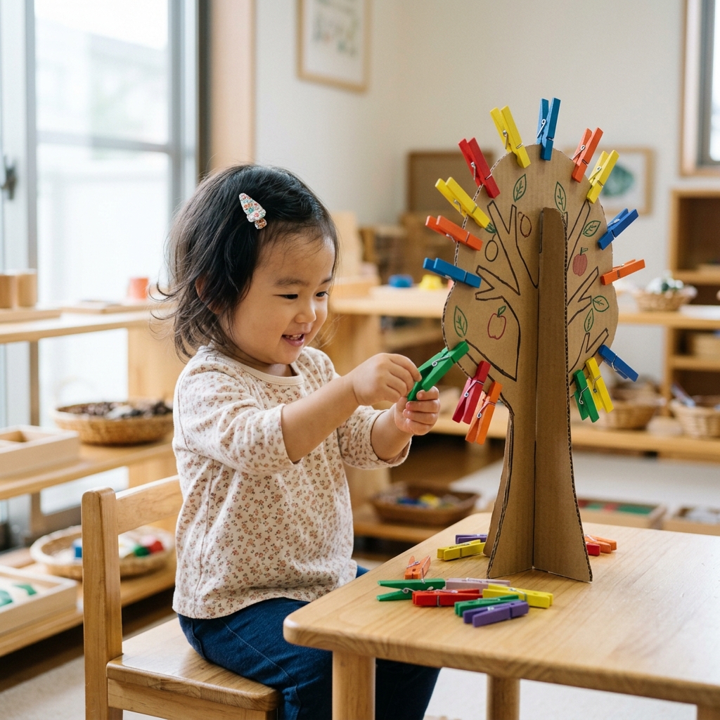 モンテッソーリ教育の環境で洗濯ばさみ遊びを楽しむ日本人の子ども