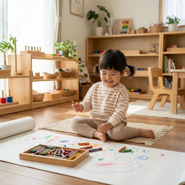 モンテッソーリ教育の環境でお絵描きを楽しむ日本人の子ども