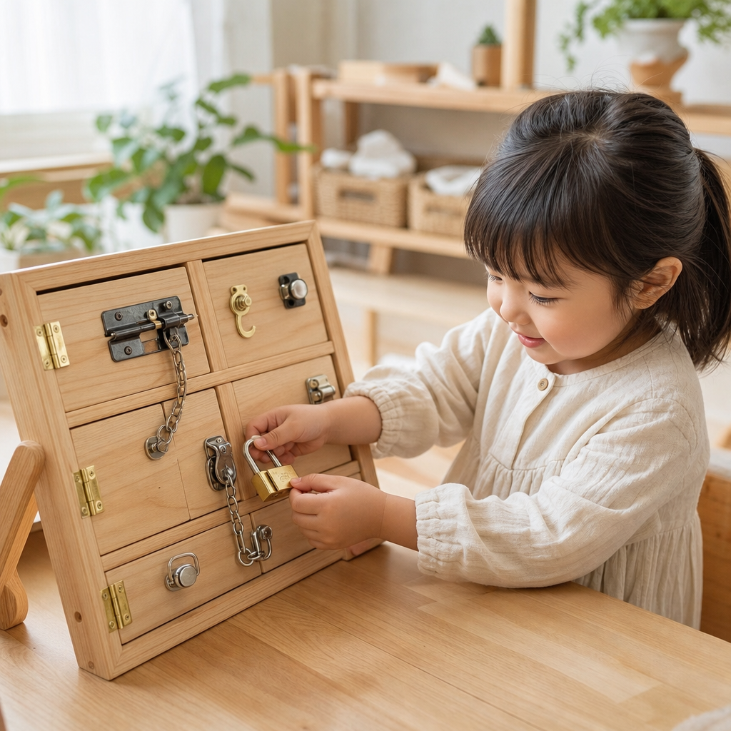 【2歳半頃〜】「カチャッ！」と開く達成感。様々な「鍵と留め具」で指先の探求心を育もう