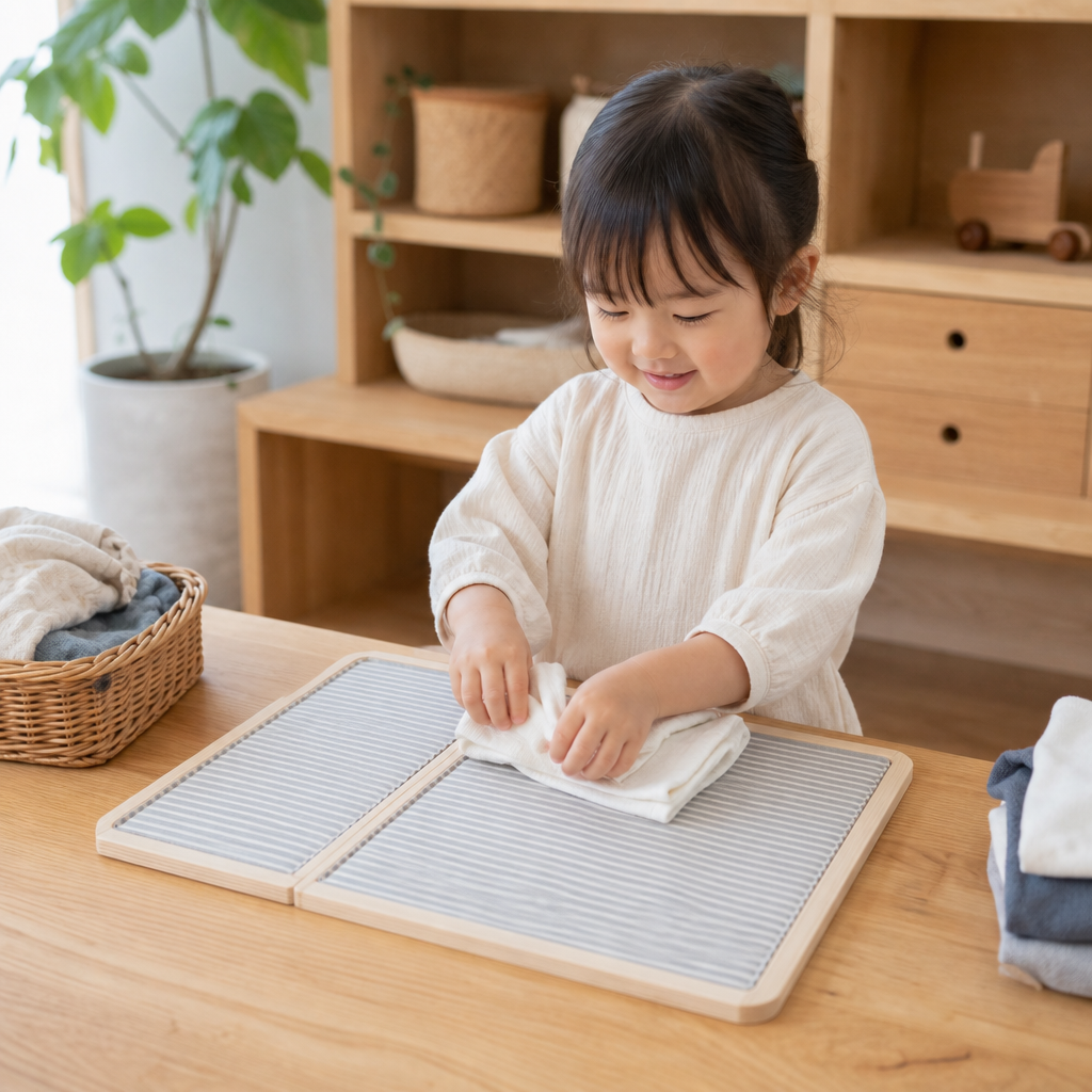 【2歳半頃〜】「自分でたためた！」達成感と段取り力を育む「洗濯物たたみボード」DIY