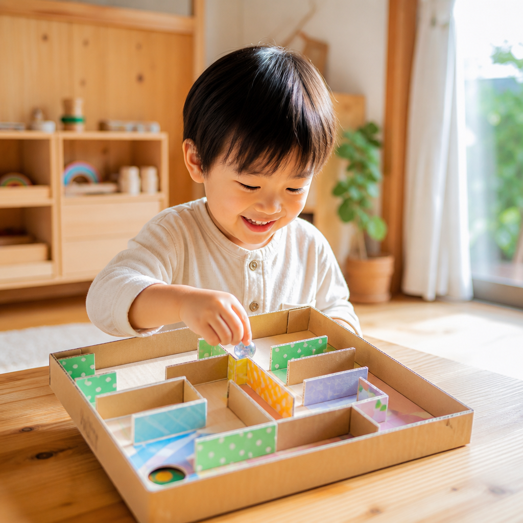 【2歳半頃〜】「どこを通るかな？」ビー玉迷路で空間認識と集中力を育む「ビー玉迷路ボード」DIY