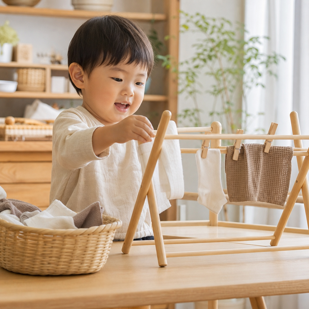 【2歳頃〜】「自分で干せた！」喜びを育む。ミニ洗濯物干しで指先と生活スキルを磨こう