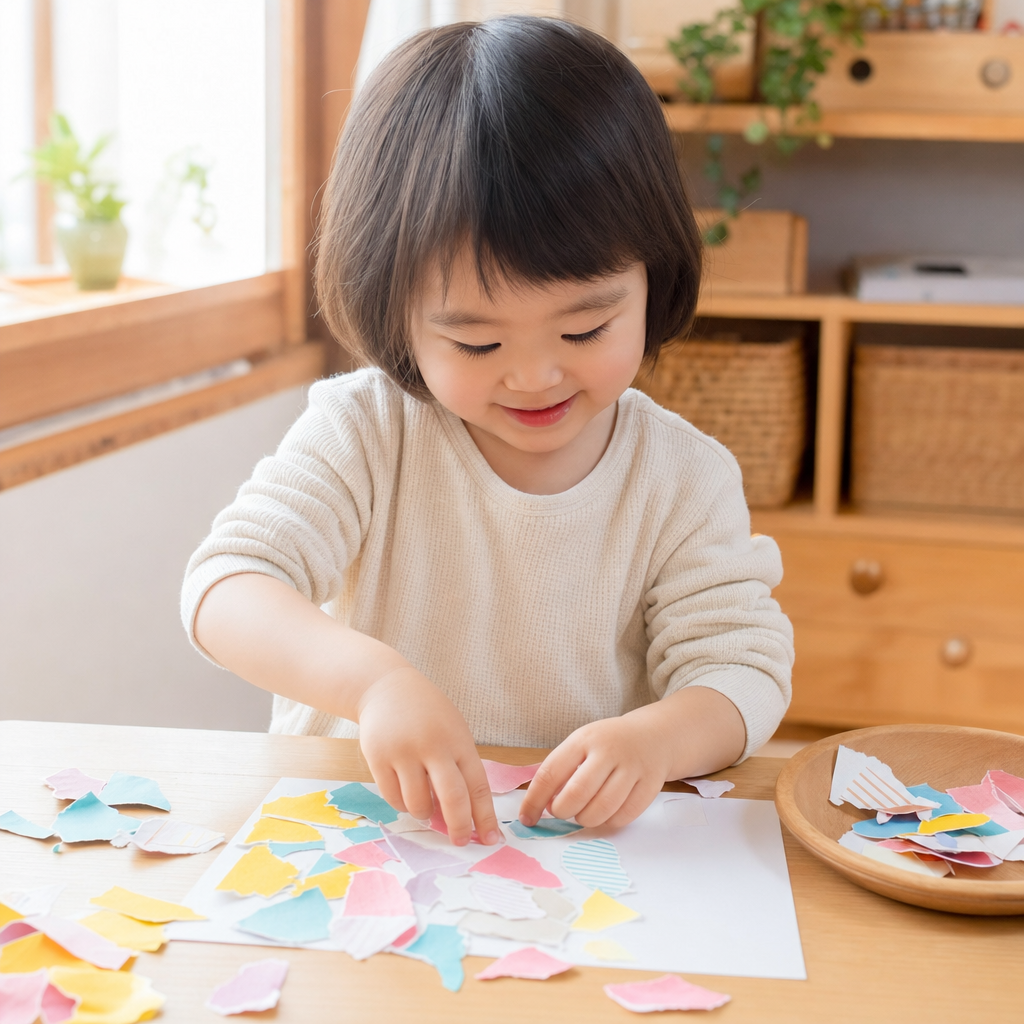 【1歳半頃〜】「ビリビリ、ペタッ！」指先の集中力と色彩感覚を育む「ちぎり絵アート」DIY