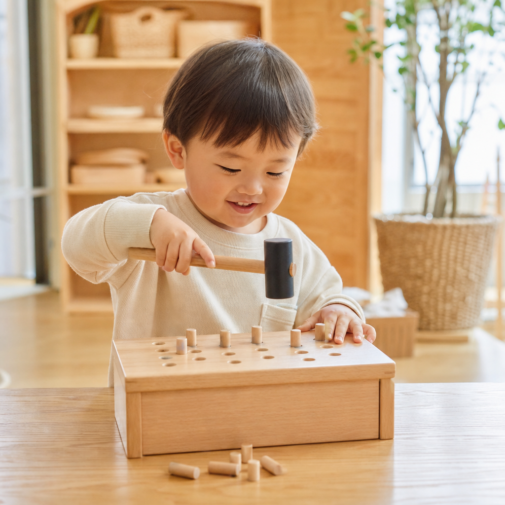 【1歳半頃〜】「トントン！」と打ち込む快感。ゴムハンマーで指先の力と集中力を育もう
