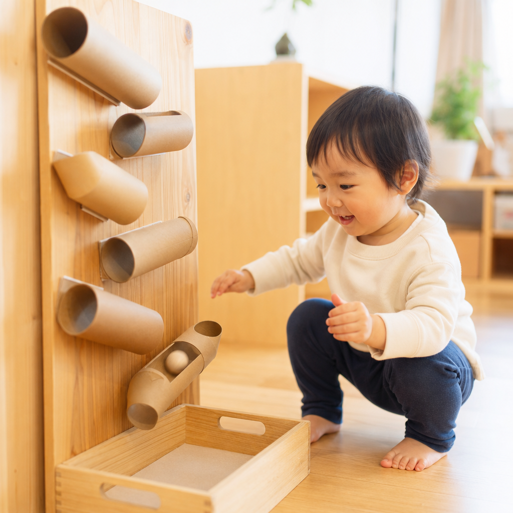 【1歳半頃〜】「コロコロ！」転がるボールを追いかけろ！重力と因果関係を学ぶ「ボール転がしコース」DIY