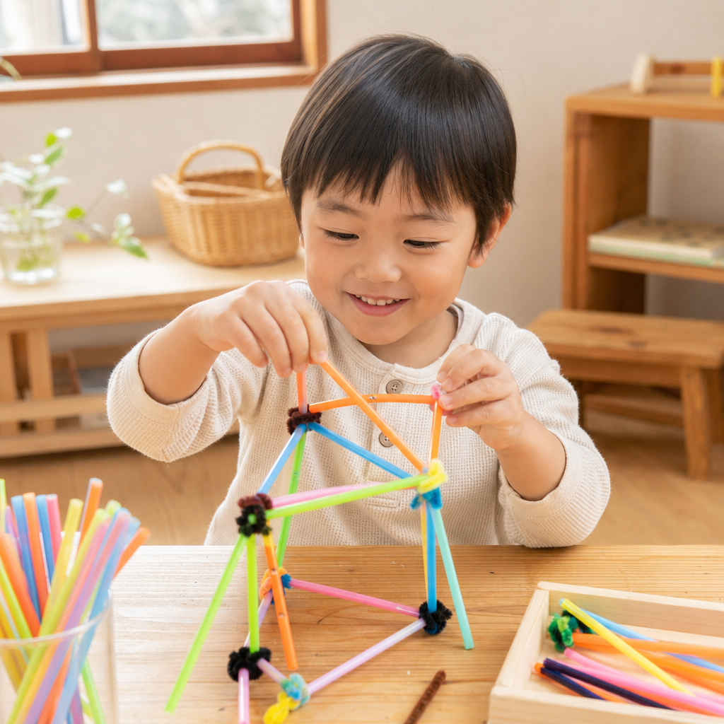 【3歳頃〜】「ひゅっ、ぴたっ！」ストローとモールで無限の立体！「空間組み立て遊び」DIY