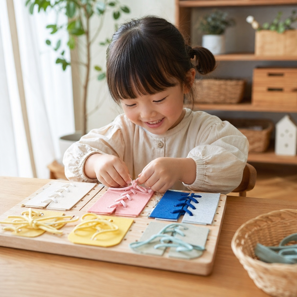 【3歳〜】「自分で結べた！」達成感を育む。100均材料で「紐結び練習ボード」DIY