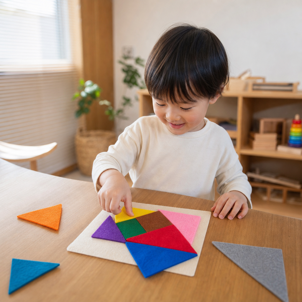 【3歳〜】「ひらめき、ピタッ！」100均フェルトで「タングラムパズル」DIY。図形構成力と創造性を育もう