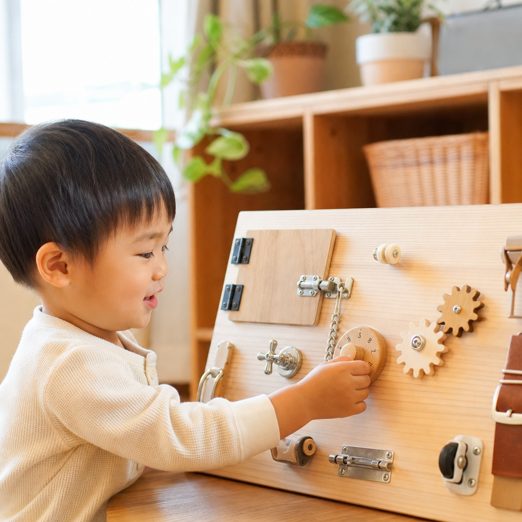 【1歳半〜】「くるくる、カチッ！」指先をひねって回して、集中力と巧緻性を育む「ねじ回し＆ダイヤルボード」DIY