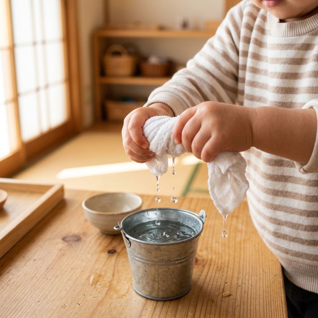 小さなバケツの上で白い子ども用雑巾を絞る子どもの手
